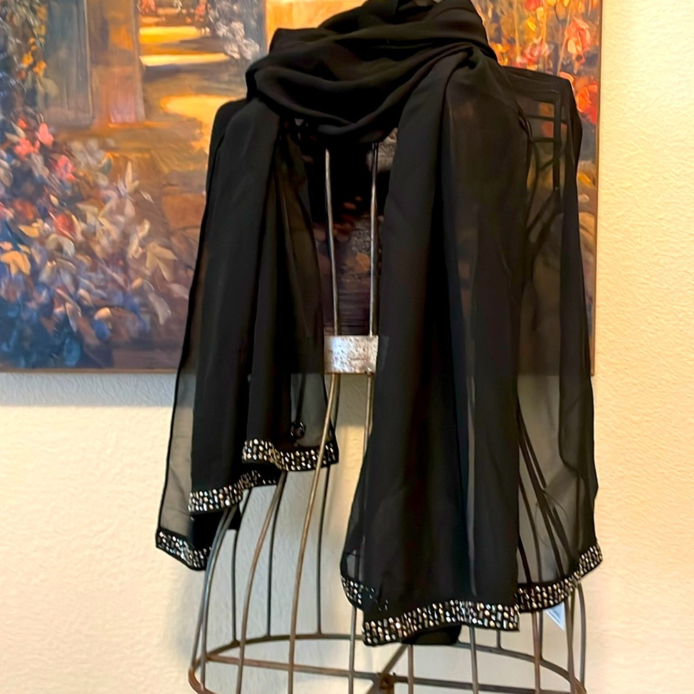 Sheer Black Adorned Wrap/Scarf by Calvin Klein